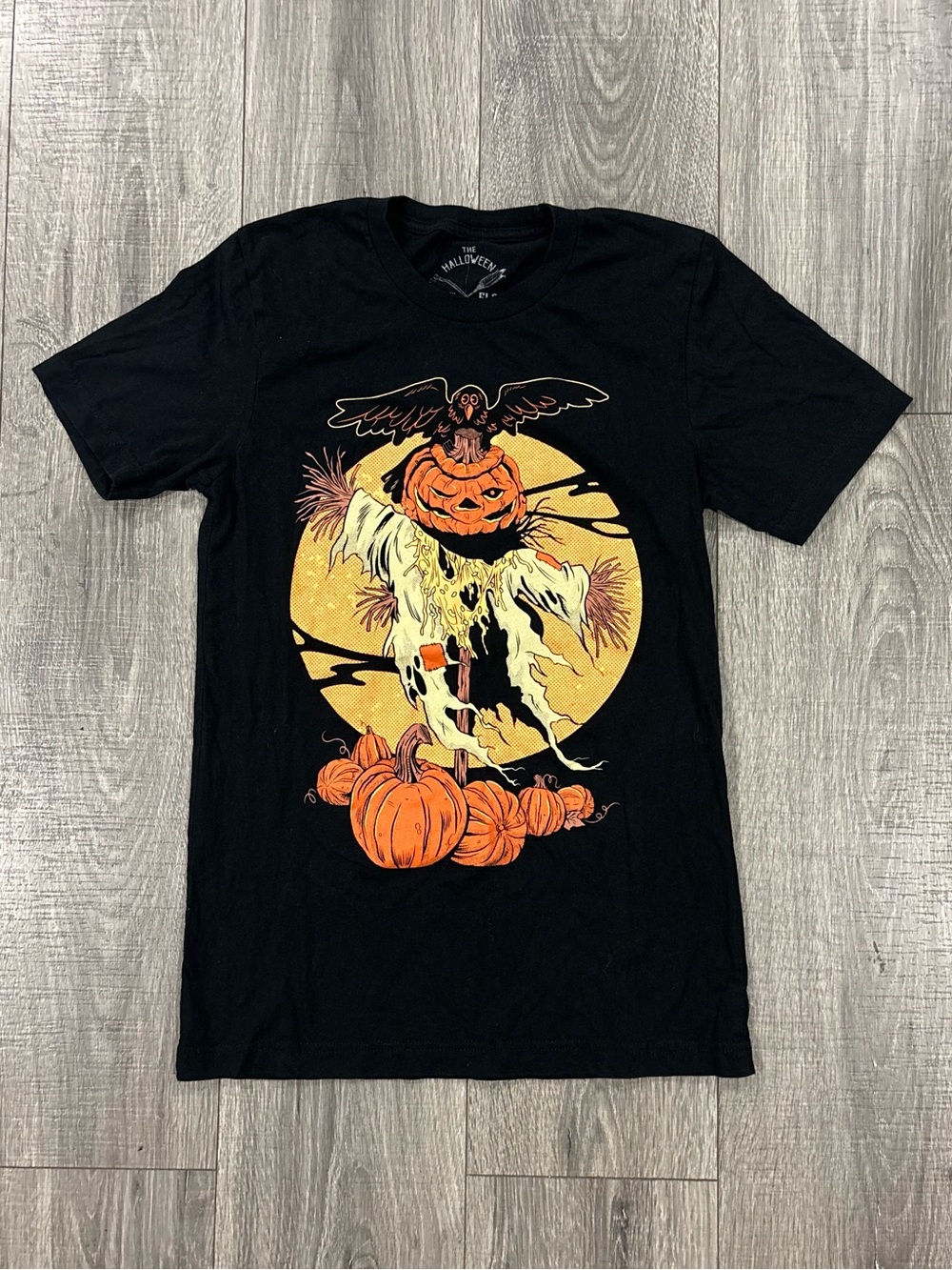Halloween Scarecrow Pumpkin Graphic Tee Black Small Unisex 0550